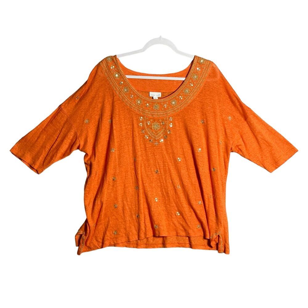 J Jill Love Linen XL Embellished Boho‎ Tunic Top Embroidered Gold Sequin Orange